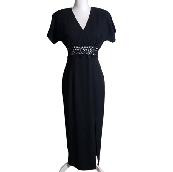 Vintage Black Maxi Dress Size 6 Embroidered Sheer Cut-Out Waist Front Slit 80s - Picture 1 of 16